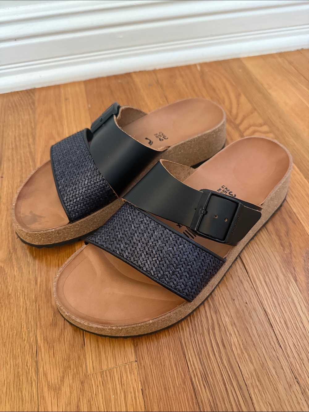 Papillio By Birkenstock Almina Womens Size 8 Shoes Black Leather Raffia Sandal